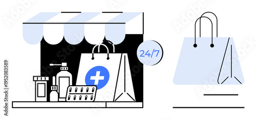 Online shopping, healthcare services, retail business, e-commerce, medical supplies, convenience. Pharmacy storefront with pills, bottles and a shopping bag. Online shopping and healthcare services