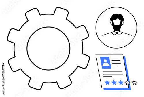 Large gear beside user icon and resume with five-star rating. Ideal for recruitment, HR, career, performance reviews, professional growth, talent management, simple flat metaphor