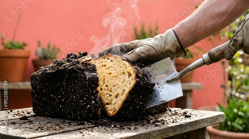 A person cuts a surreal half-baked loaf on a table outdoors.
