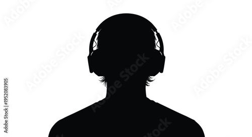 Striking black vector silhouette illustration of a person wearing large over ear headphones viewed from the back enjoying music isolation