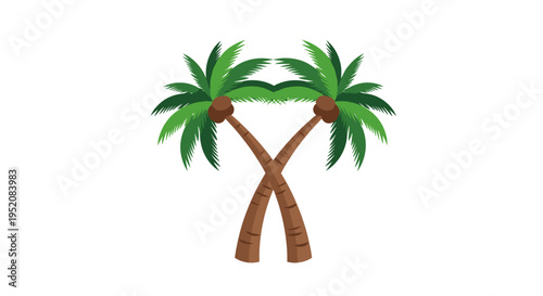 Two palm trees with green leaves.