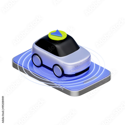 3D illustration of car on smartphone with radar waves and arrow for navigation mode. Used in driver apps, route finding features, GPS tracking systems, active ride dashboards, and transport.