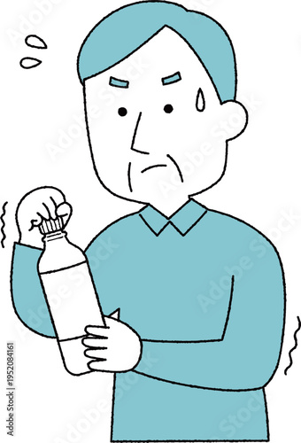 握力が弱くペットボトルの蓋が開けられない高齢男性単色