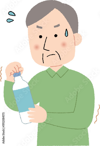 握力が弱くペットボトルの蓋が開けられない高齢男性単色
