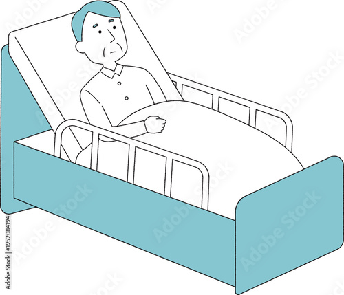 介護ベッドに横になっている高齢男性単色