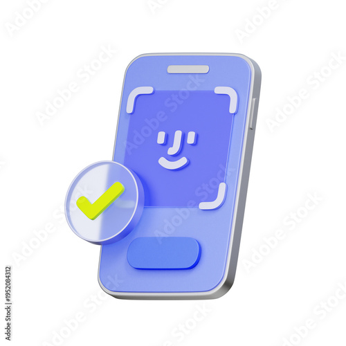 3D illustration of smartphone displaying face scan interface with checkmark for identity verification. Used in driver apps, security login features, kyc systems, profile authentication dashboards.