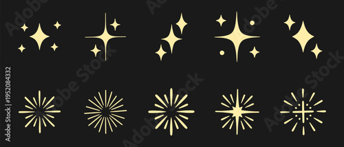 Collection Of Sparkling Golden Stars And Light Bursts On Dark Background