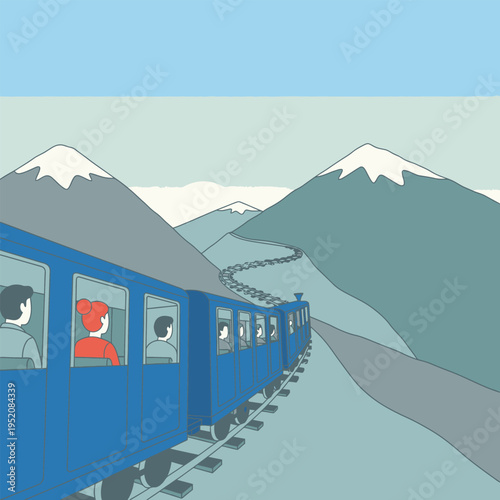 Scenic Train Journey Through Majestic Mountains with Passengers Enjoying the View