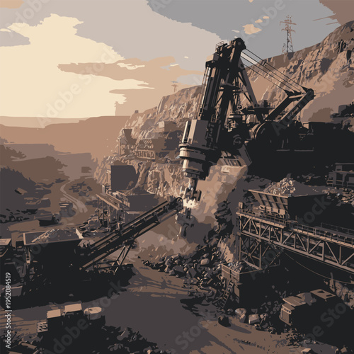 Massive Industrial Excavator Machine Working in Open Pit Mine.