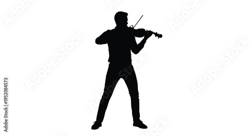 Striking black vector graphic silhouette illustration of a male musician passionately playing the violin against a stark white background