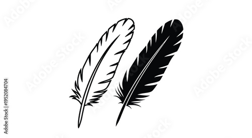 Simple black and white vector graphic illustration showcasing two distinct stylized bird feather silhouettes for artistic projects and design use