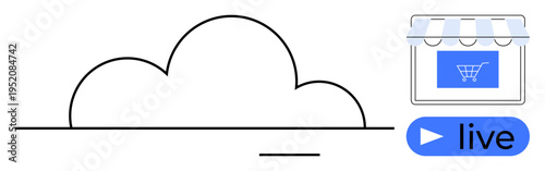 Cloud computing, online retail, e-commerce, live streaming, technology, digital marketing. Cloud with storefront and live stream button. Cloud computing and online retail concept
