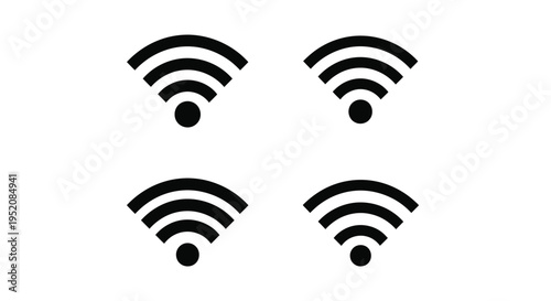 Collection of four distinct black and white vector graphic illustrations depicting various stages of wireless internet signal strength icons.