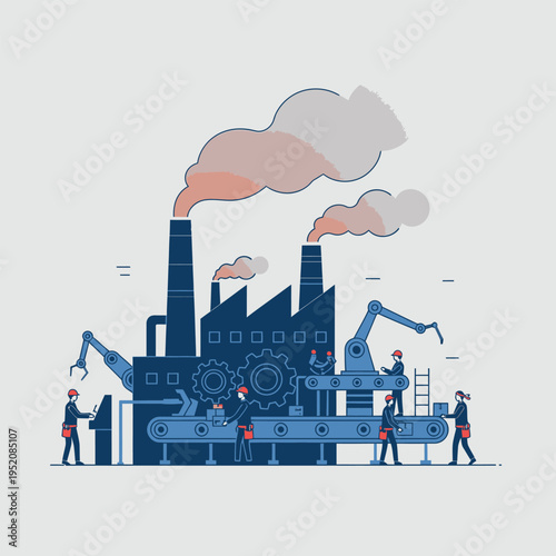 Modern Factory Production Line Featuring Robotic Arms and Human Workers Alongside Manufacturing Machinery and Emissions