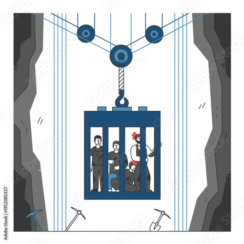 Miners Ascending in a Cage with Pulley System.