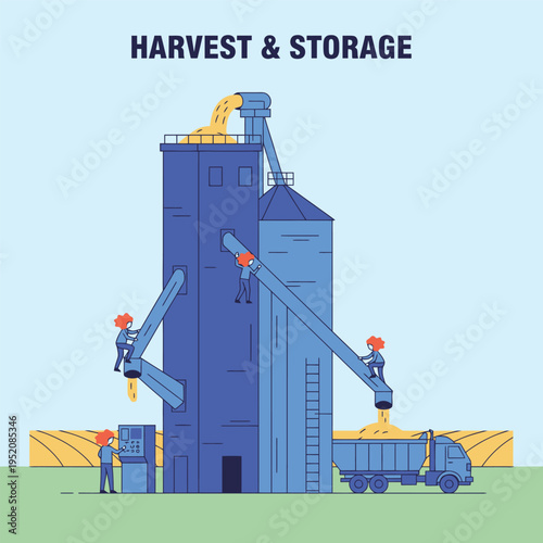 Modern agricultural facility for grain harvest and storage, featuring silos and a truck for transportation