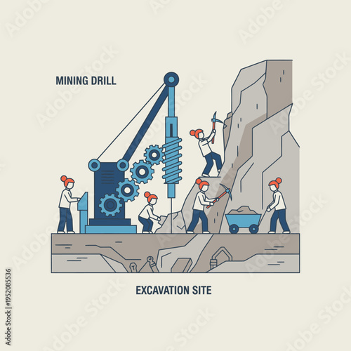 Mining drill and workers excavating a rocky site.