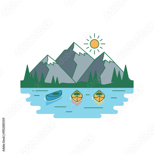 Tranquil Mountain Landscape with Canoes on a Serene Lake Under a Bright Sun and Evergreen Trees