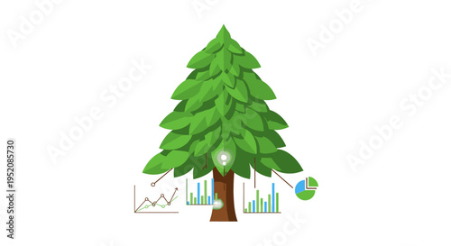 Illustration of a green tree with graphs and a globe on a white background, conveying environmental data and statistics in a symbolic and stylized manner.
