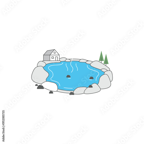 Illustration of a serene hot spring with a small building and surrounding pine trees, evoking relaxation and natural beauty