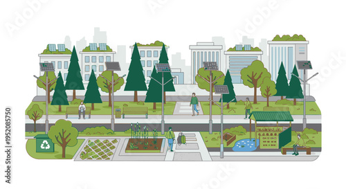 Illustration of a sustainable cityscape with green spaces, buildings, trees, and community garden on a white background.