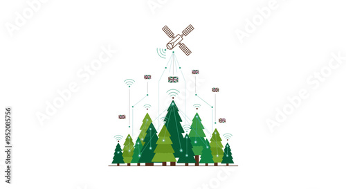 Illustration of a wind turbine above a row of evergreen trees with snow and decorations against a white background.