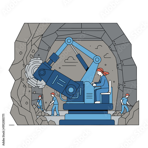 Mining Robot Excavating Rock with Human Operators.