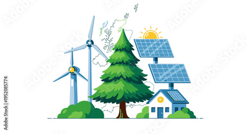 Illustration of wind turbines, solar panels, and a house with a tree, conveying eco-friendly energy solutions on a white background.