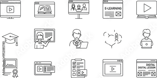 Online education line icons set with e learning video course teacher student certification digital lessons vector illustration collection