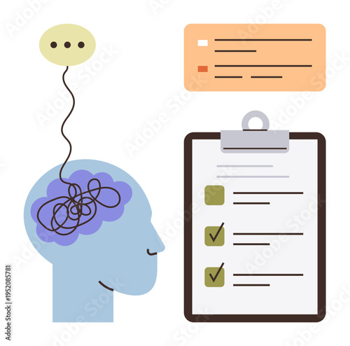 Mental health, cognitive processing, therapy, decision-making, wellness, productivity. A tangled brain with a thought cloud and a checklist. Mental health and cognitive processing