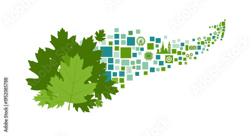 A stylized illustration of a lung made of green leaves and blue squares on a white background, conveying a healthy and eco-friendly theme with a natural color palette.