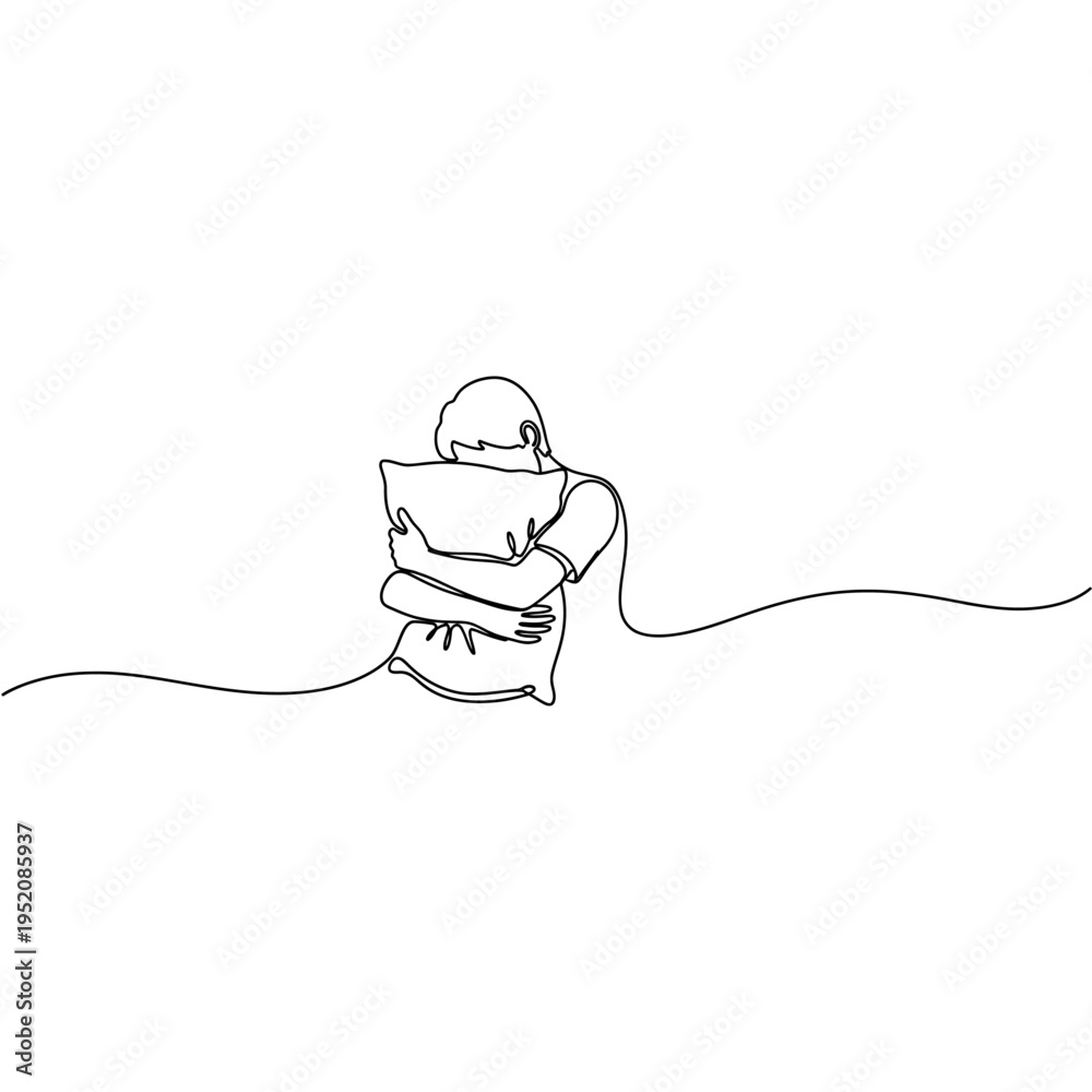 Obraz premium Continuous Line Drawing of a Person Hugging a Pillow for Sleep or Emotional Comfort