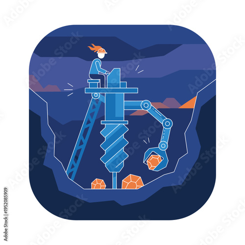 Mining robot with robotic arm extracting minerals from underground.