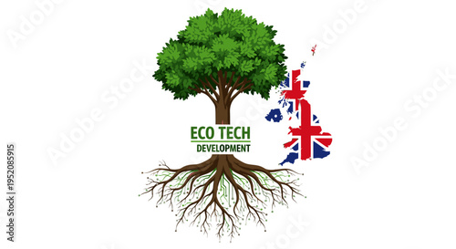 Logo of Eco Tech Development with a tree and roots on a white background next to the UK flag.
