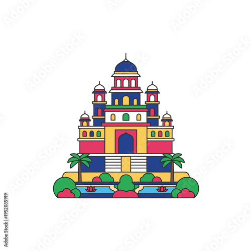 Vibrant Architectural Wonder A Colorful Miniature Replica of a Grand Edifice with Lush Greenery and Water Features, Evoking a Sense of Whimsy and Artistic Design