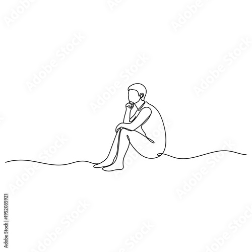 Continuous Line Drawing of a Man Sitting and Thinking in Minimalist Style