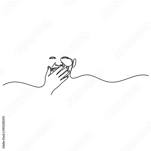 Continuous line drawing of a person laughing and covering their mouth with a hand