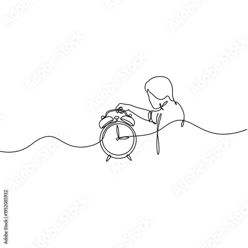 Continuous Line Drawing of a Person Touching an Alarm Clock for Time Management Concept