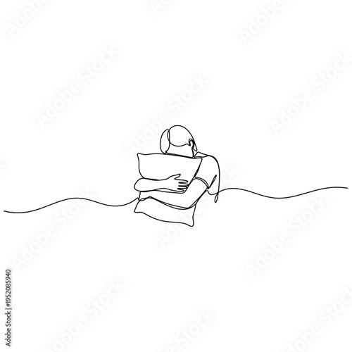 Continuous Line Drawing of a Person Hugging a Pillow Representing Loneliness and Comfort