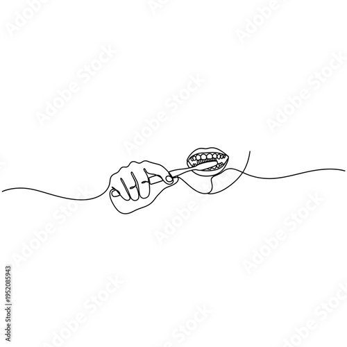 Continuous line drawing of a person brushing teeth for oral hygiene and dental care
