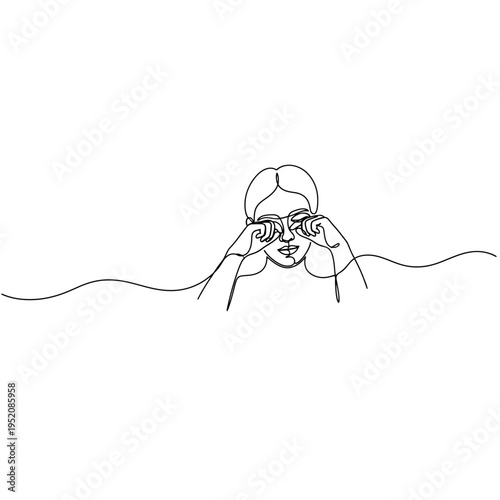 Continuous Line Drawing of a Tired Woman Rubbing Her Eyes, Fatigue and Stress Concept