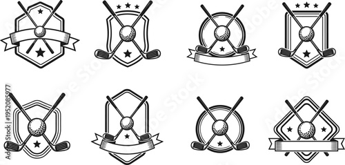 Golf club badge emblem collection with crossed clubs ball shield sport logo vector illustration set