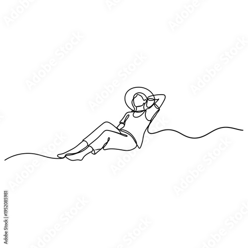 Continuous line drawing of a woman reclining with a hat, minimalist summer vacation concept