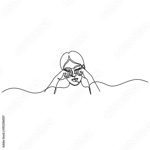 Continuous Line Drawing of Tired Woman Rubbing Eyes Fatigue and Sadness Concept