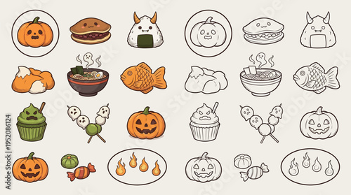 A collection of cute, cartoon-style Japanese Halloween-themed food and character illustrations, featuring pumpkins, sweets, and traditional snacks.