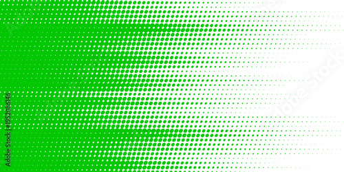 Slash green halftone gradient texture. Fading cartoon polka dot background. Dotted corner gradation pattern. Fading comic pop art overlay backdrop. Vector slant frame halfton patern effect wallpaper