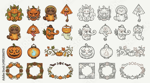 Collection of Halloween-themed illustrations featuring pumpkins, ghosts, and traditional Japanese folklore creatures in both colored and line art styles.