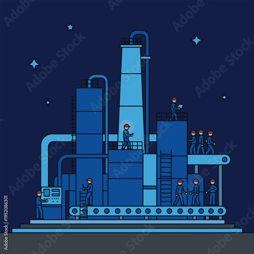 Modern Industrial Factory Complex with Workers and Conveyor Belt.