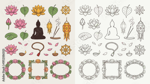 Collection of Buddhist symbols and elements, including lotuses, Buddha figures, prayer beads, and decorative frames, presented in both color and outline styles.