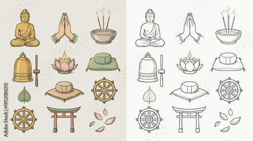 Collection of Buddhist symbols and icons, including Buddha statues, prayer hands, incense, bells, lotus flowers, and Dharma wheels, presented in both colored and line art styles.